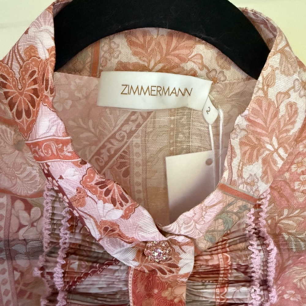 Zimmermann Kaleidoscope Tuxedo Red and Pink Ruffled Long Sleeve Blouse US 8 NWT - Picture 2 of 10